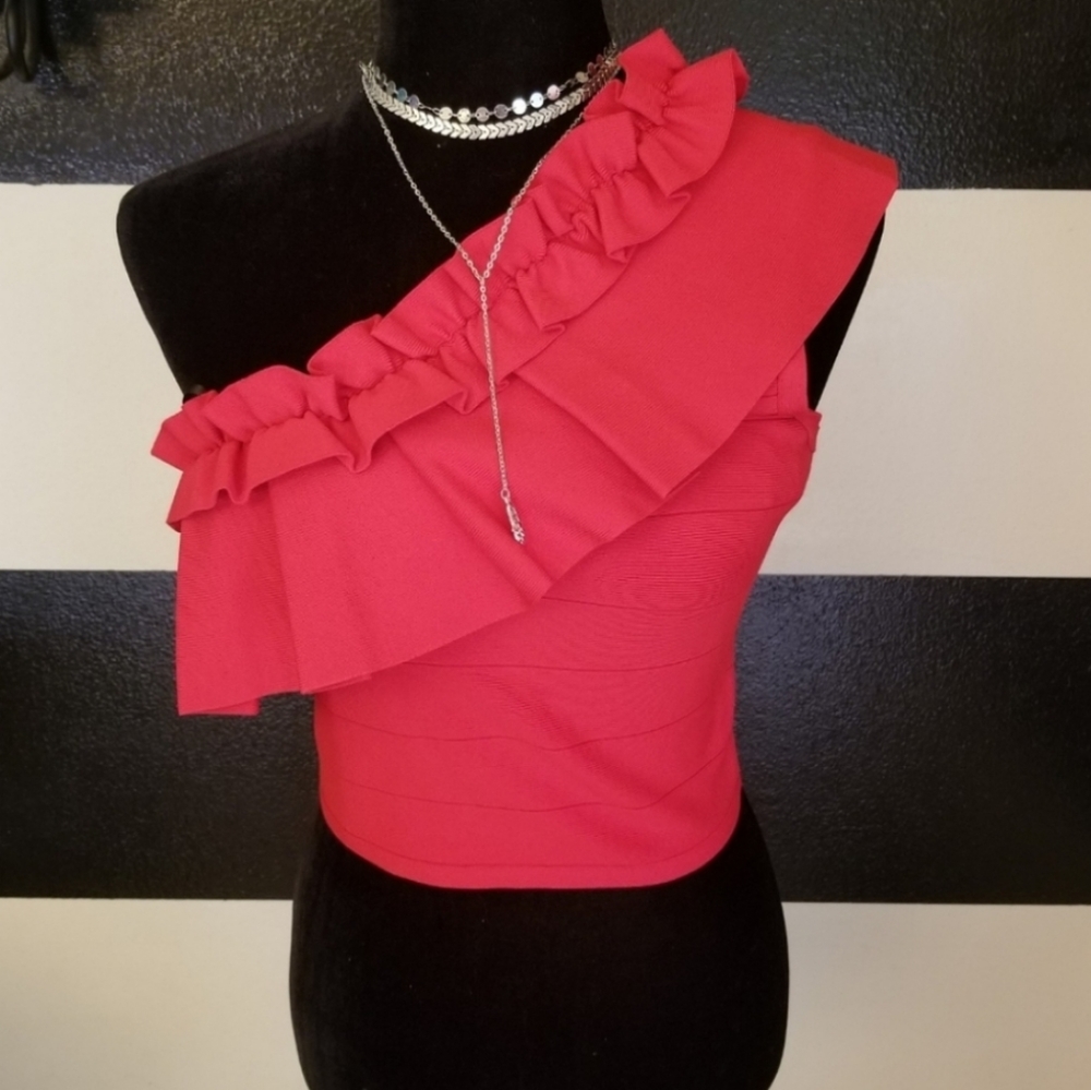 bebe Red One-Shoulder Ruffle Crop Top - Picture 7 of 7